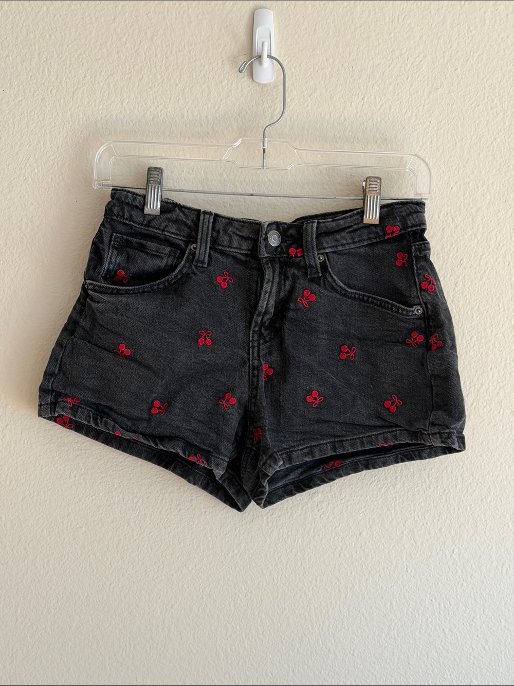 wild fable Black Denim Shorts with Red Cherry Embroidery